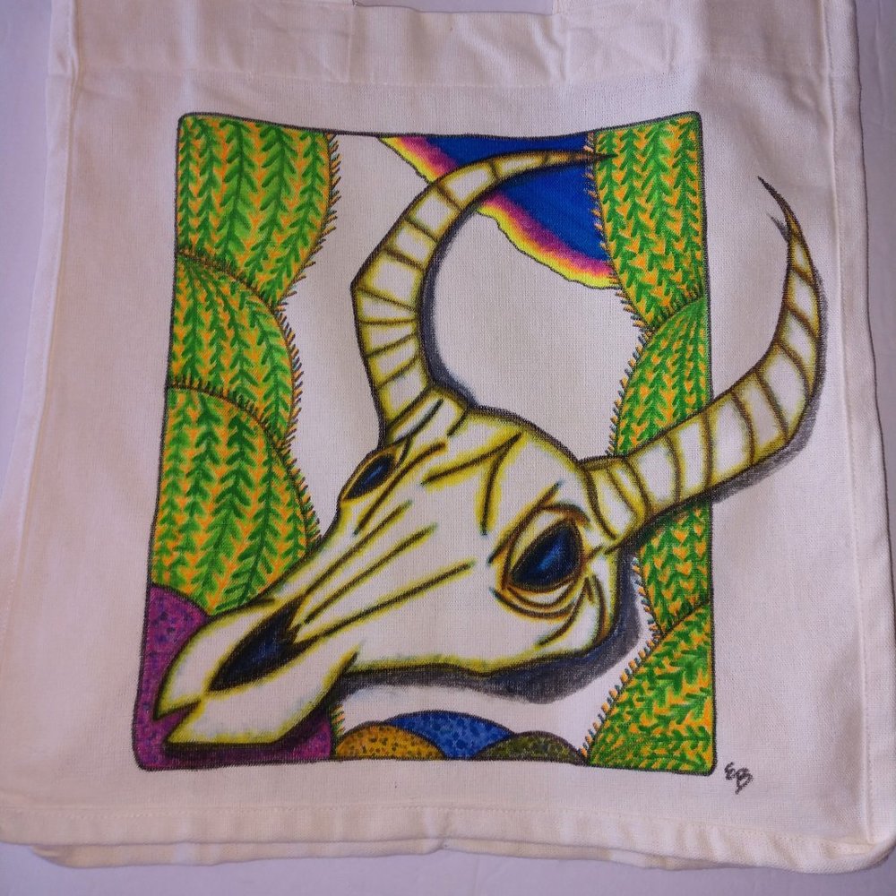 Hand-Painted Cow Skull Tote Bag: Desert Cactus Scene 14x13x7